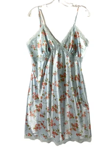 Womens Babydoll Slip Dress Size Large Blue Pink Floral Satin Fairycore Romantic - Picture 1 of 14
