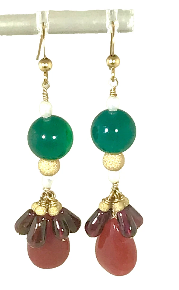 Gold Filled 14K Garnet Jade Wedding Prom Dangle Earrings Artisan Agate Red Green - Image 1 of 2