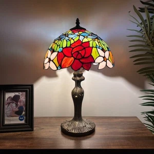 Tiffany Style Table Lamp Red Orange Stained Glass Rose Flowers LED Bulb 12"W19"H - Picture 1 of 11