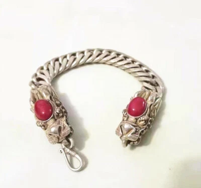 Fashion Collectible Ruby Tibet Silver Bangle Handwork Auspicious Dragon Bracelet - Image 1 of 4