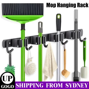 Mop Broom Holder 4 Racks and 5 Hooks Wall Mount Broom Organizer Storage Tool - Picture 1 of 8
