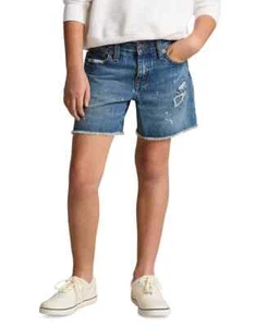 Polo Ralph Lauren Paint-Splatter-Print Cotton Denim Shorts Girls 8 Blue Raw Hem - Picture 1 of 15