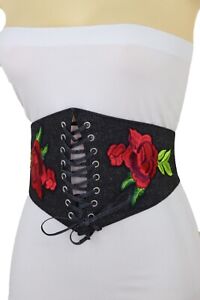 Women Black Denim Elastic Strap Bustier High Waist Corset Belt Red Flower S M
