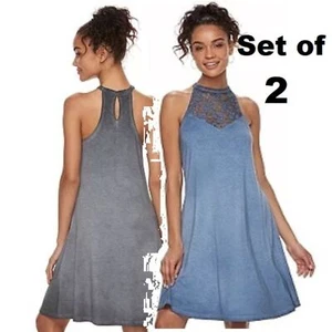 2 MUDD Lunar Wash RazorBack Spitze Swing Kleid Set Paket Stretch Schlüsselloch hinten klein - Bild 1 von 14