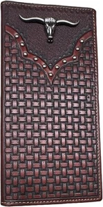 Urbalabs Mens Long Wallet Basketweave Tooled Leather Longhorn Concho Studded - Picture 1 of 7
