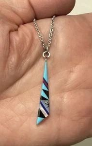 Zuni Sterlingsilber Türkis MOP stachelige Auster Jet Lapis Inlay Anhänger Halskette - Bild 1 von 11