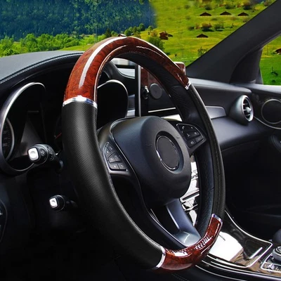 1× Wood Grain Leather Steering Wheel Cover Good Grip Accessories for Car Vehicle - Image 1 of 4