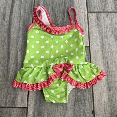 Penelope Mack Green White Polka Dot One Piece Swimsuit Ruffle Bow 18 Months - Image 1 of 4