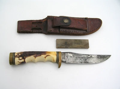 Cuchillo de espiga dorada Schrade USA 153UH antiguo con funda de cuero y piedra de afilar Foto 1 de 4