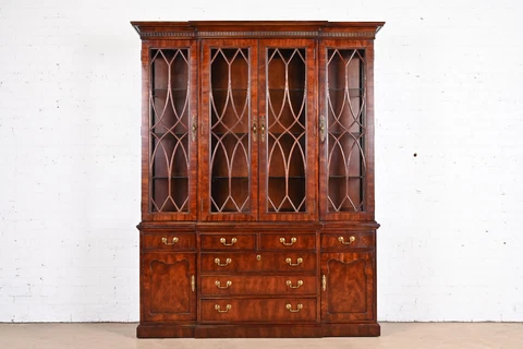 Georgian Carved Mahogany Lighted Breakfront Bookcase Cabinet by Thomasville Cover