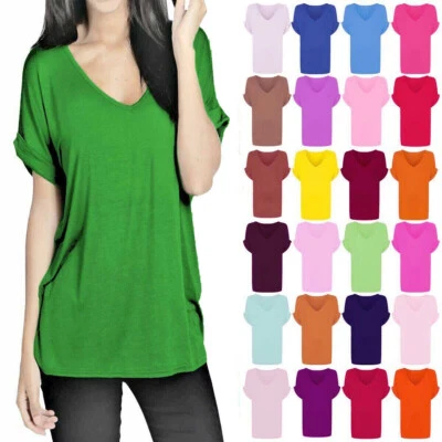 Women Ladies Batwing Sleeve Oversized Baggy Loose Fit Turn Up V Neck T Shirt Top - Image 1 of 2
