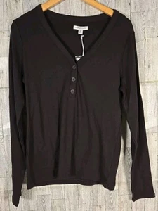 Free Assembly Shirt XXL (2X) Black Ribbed Henley Long Sleeve Women - Picture 1 of 8
