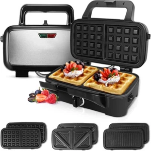 1200W 3-in-1 Waffle Iron Panini Press Sandwich Maker with Removable Plates 120V - Picture 1 of 9
