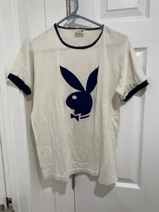 Vintage 1970s PLAYBOY BUNNY LOGO VELVET FLOCKED BLUE WHITE RINGER t-shirt Large - Picture 1 of 6
