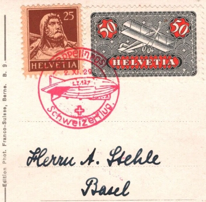 SWITZERLAND GRAF ZEPPELIN Air Mail 1930 Card 1st Landing *St Gallen* Basel KZ2 - Image 1 of 4