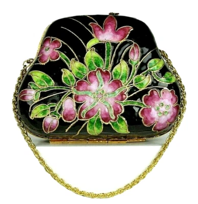 Cloisonné Enameled Brass Hard Shell Evening Purse Handpainted Floral W/Gold Wire - Image 1 of 4