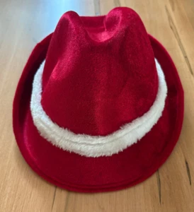 Fedora Style Red Christmas Flocked Elf Party Hat W/ White Plush Trim - Women S-M - Picture 1 of 5