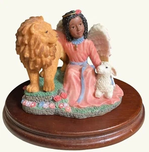 Angel with Lamb and Lion Religious Figurine with Wood Base - Picture 1 of 9