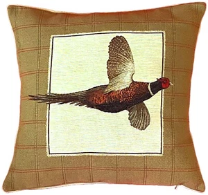 PHEASANT FLYING 18" BELGIAN TAPESTRY CUSHION COVER, VELVET REVERSE & ZIP - Picture 1 of 5