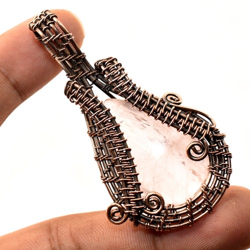 VETEMENTS Ciondolo pietra preziosa quarzo rosa fatto a mano antico filo avvolgente rame gioielli 2 4" S589