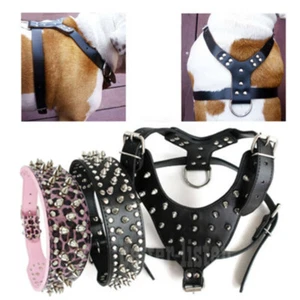 Arnés y cuello negro con clavos de cuero puro para perro para Pitbull Bully Boxer - Imagen 1 de 30