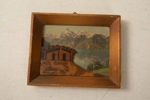 Small German Folk Art Wooded Picture (M3L-4/JSF6) Lake House High Alps Souvenir - Picture 1 of 6