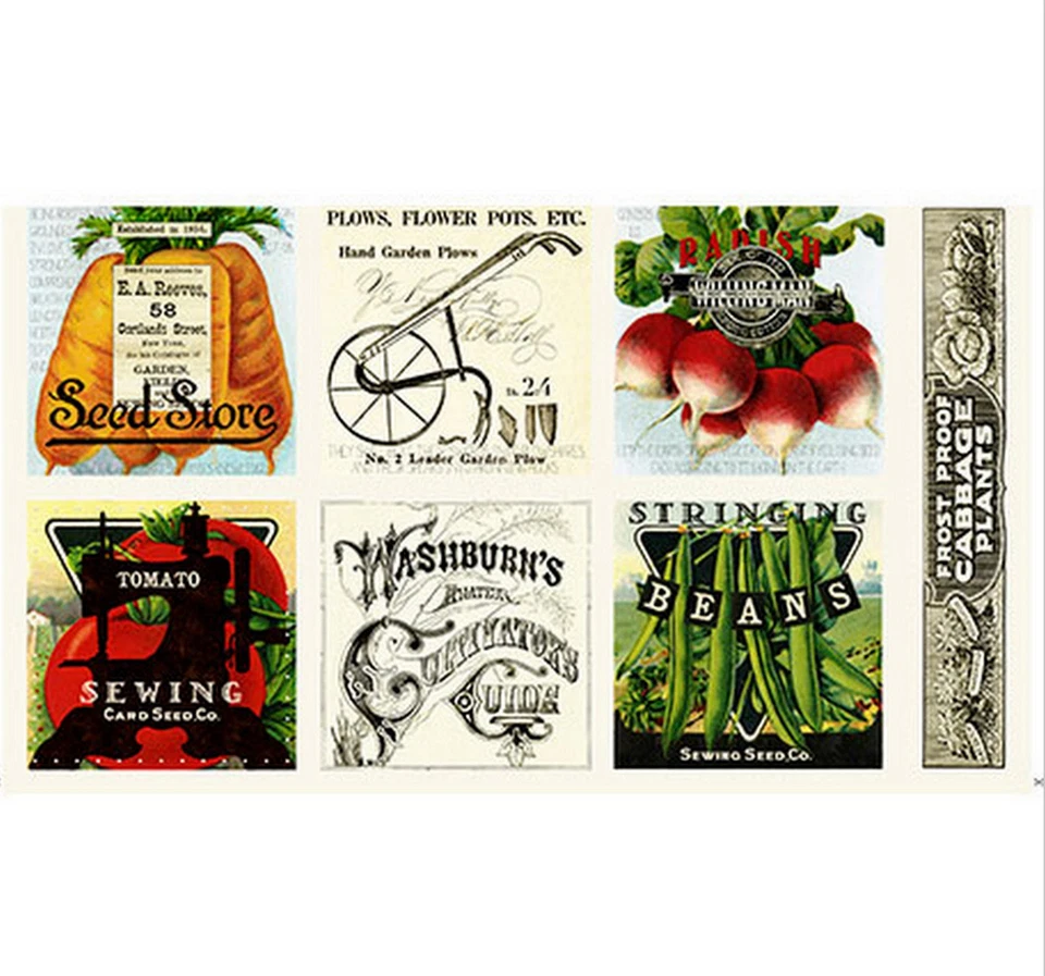 Semillas de costura II jardín frijol rábano repollo borde tela de algodón QT 24"X44" PANEL Foto 1 de 1