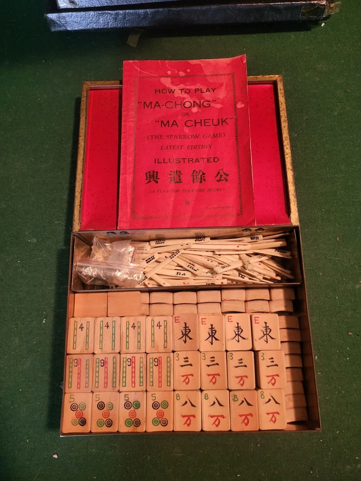 Antique Wood & Bone Mah-Jong Set w/ Instructions | Tin Box | COMPLETE - Image 1 of 4