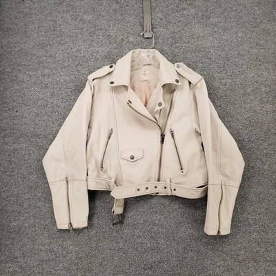 Chaqueta We The Free People Mujer S Pequeña Beige Cremallera Completa Cuero Cordero Motociclista Foto 1 de 4