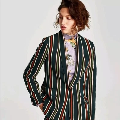 Zara Green Striped One Button Blazer Size Medium - Image 1 of 4