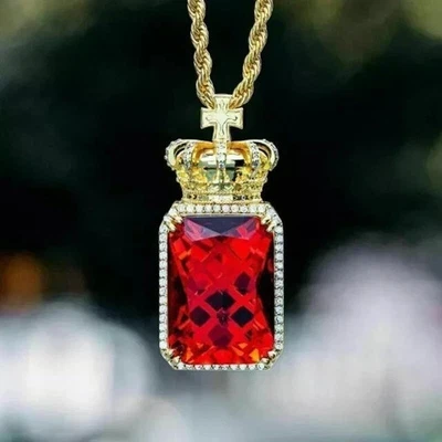 4Ct Emerald Cut Lab Created Ruby Men's Halo Pendant 14k Yellow Gold Finish - Image 1 of 4