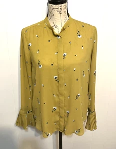 Ann Taylor Women’s Blouse Mustard Yellow Floral Pleated Cuff Long Sleeve Size SP - Picture 1 of 7