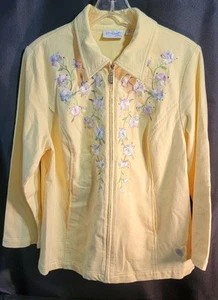 Dream Jeannes Quacker Factory Jacket Yllw Floral Pansy Embroidered Zip Pockets M - Picture 1 of 16