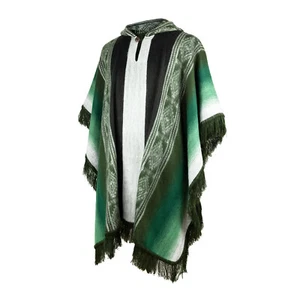 Lightweight BABY ALPACA Wool Hooded Fringed Poncho Pullover UNISEX GREEN - Picture 1 of 10