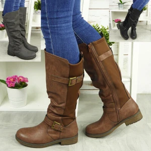 Ladies Mid Calf Boots Womens Buckle Biker Casual Strappy Low Heel Shoes Size New - Picture 1 of 25