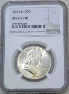 1953 D Franklin Half Dollar NGC MS62FBL Bright & Frosty PQ New Holder #M3A - Picture 1 of 4