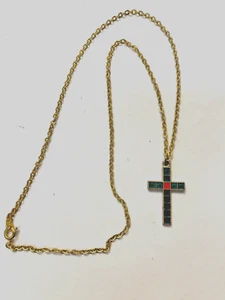 Preowned Gold 10" Chain Necklace with Enameled Squares on 1-1/4" Cross Pendant - Picture 1 of 2