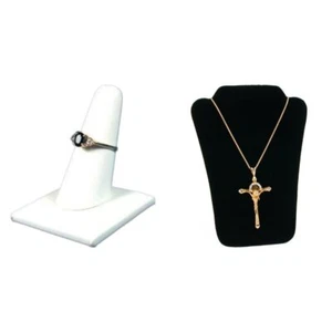 White Faux Leather Ring Finger, Black Velvet Padded Necklace Bust Jewelry - Picture 1 of 4