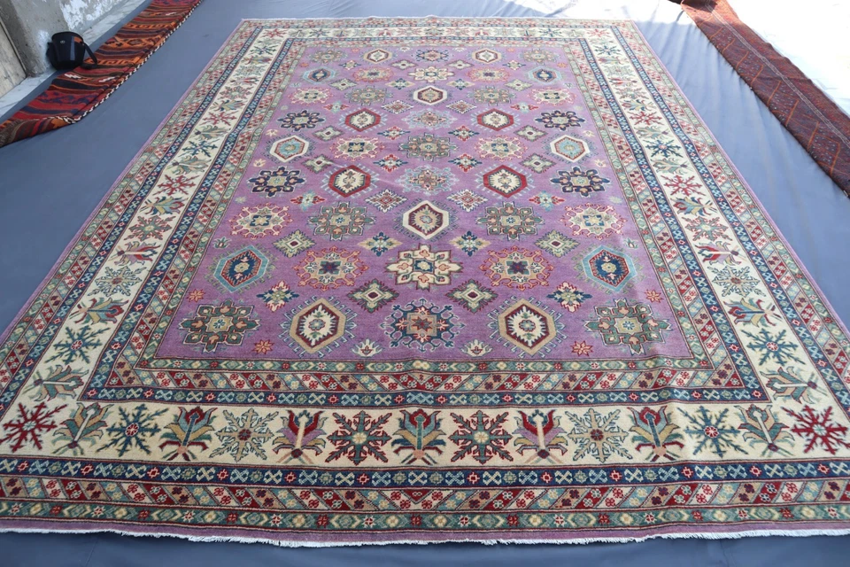 Alfombra kazaja beige púrpura 9x12 alfombra de lana afgana hecha a mano con tintes vegetales para dormitorio Foto 1 de 4