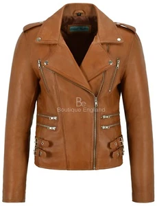 Ladies Leather Jacket Tan Biker Style MYSTIQUE Fashion REAL Leather Jacket 7113 - Picture 1 of 9