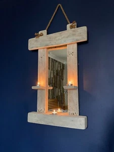 RUSTIC CHUNKY MIRROR WITH CANDLE SHELVES, reclaimed pallet wood, HANDMADE UNIQUE - Picture 1 of 12