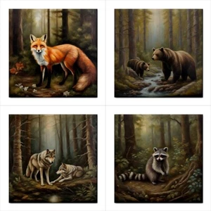 Forest Animals Ceramic Tiles Backsplash Set Of 4 Nature Art Craft Tile - Picture 1 of 6