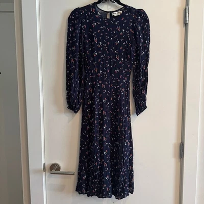 Reformation Luanne Floral Midi Dress Blue Button Zip Keyhole Long Sleeve Sz 2 - Image 1 of 4