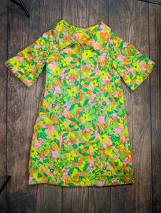 Vintage 60s/70s Quilted House Coat Dress Large Green Yellow Floral Mid Mod Funky - Picture 1 of 11