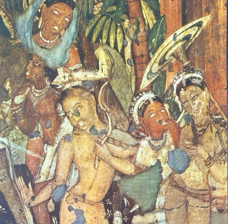 Cena do Palácio Original Antigo Vintage Fine Art ÍNDIA Impressão Pôster Ajanta Caves - Imagem 1 de 4