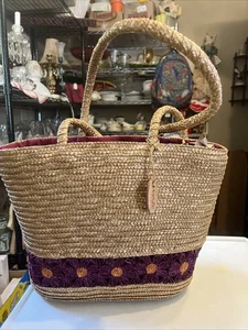 VTG MAMBO Straw Sea Grass Tote Bag Liz Clairborne Beach Pool Travel Daisy Purple - Picture 1 of 17