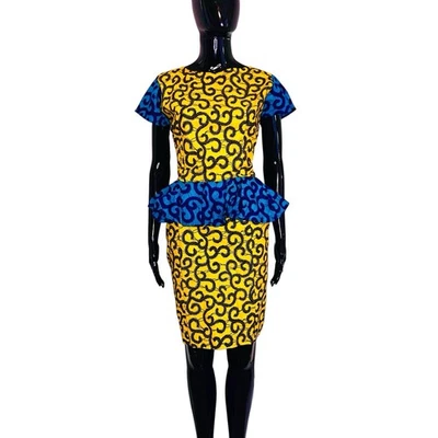 Yellow & Turquoise Women African Print Midi Dress - Image 1 of 4