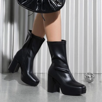 Botas de plataforma retro para mujer Gruesas Tacón bloque Puntera cuadrada Medio pantorrilla Botas Gogo Foto 1 de 4