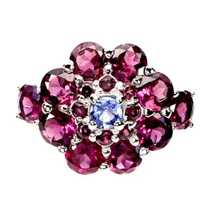 925 Sterling Silver Ring Round Rhodolite Tanzanite Natural Gemstone Jewelry Size - Picture 1 of 14