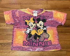 Vintage 80s Mickey Minnie Mouse AOP Colorful Womens Small Cropped T Shirt - Picture 1 of 9